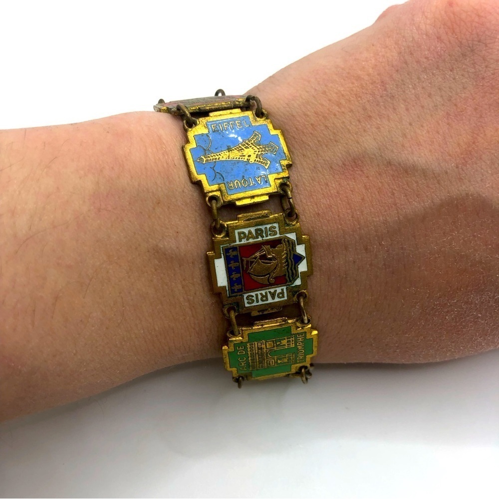 Vtg France Brass Enamel Panel Souvenir Tourist Bracelet 7.3” / .7” Width